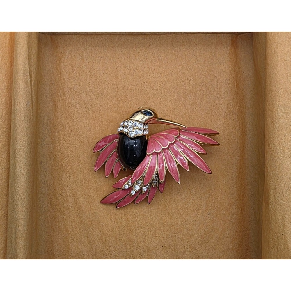 Moo Roo Hummingbird Brooch: Enameled Rhinestone Embellished Collector's Pin